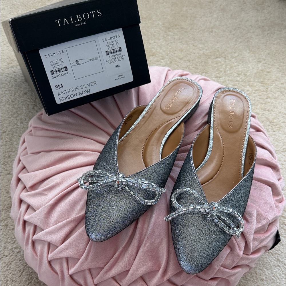 Talbots Antique Silver Edison Bow Mules